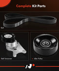 Serpentine Belt Drive Kit With Tensioner For GM Trucks And SUVs Compatible With Chevy GMC Cadillac Vehicles Like Silverado 1500 2500 3500 Suburban Sierra Yukon Escalade Tahoe 1999 2002 Beefed Up Replacement Part complete kit parts showing belt, belt tensioner, and idler pulley
