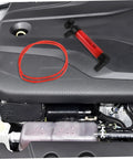 Automotive Fluid Extractor Pump 2 Piece Set Manual Oil Change Transfer For Cars Brake Fluid And Engine Oil Multi Vehicle Use Easy Change Tool Great For Home Garages And Pro Shops, red pump and hose on engine cover