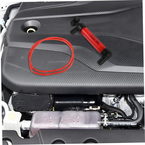 Automotive Fluid Extractor Pump 2 Piece Set Manual Oil Change Transfer For Cars Brake Fluid And Engine Oil Multi Vehicle Use Easy Change Tool Great For Home Garages And Pro Shops, red pump and hose on engine cover