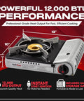 Dual Fuel Camp Stove With 12,000 BTU For Camping And Emergencies, Portable Butane And Propane Burner With dimensions labeled
