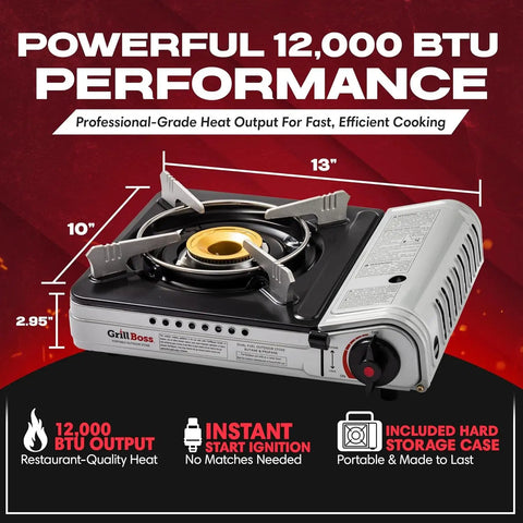 Dual Fuel Camp Stove With 12,000 BTU For Camping And Emergencies, Portable Butane And Propane Burner With dimensions labeled
