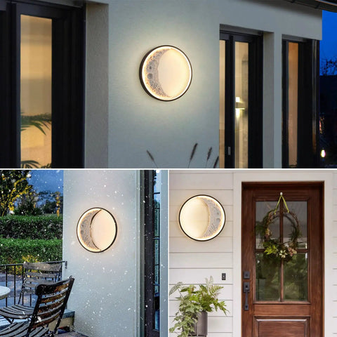 Lit Moon Shaped Outdoor Wall Sconce LED Light 23.6 Inch, 18W Plug-In Waterproof Exterior Black Round Wall Mount for porch view