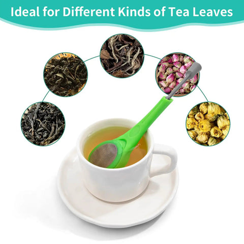 Long Handled Tea Infuser With Fine Mesh Strainer And Built In Plunger Reusable Loose Leaf Coffee Filter in green, steeping different teas.
