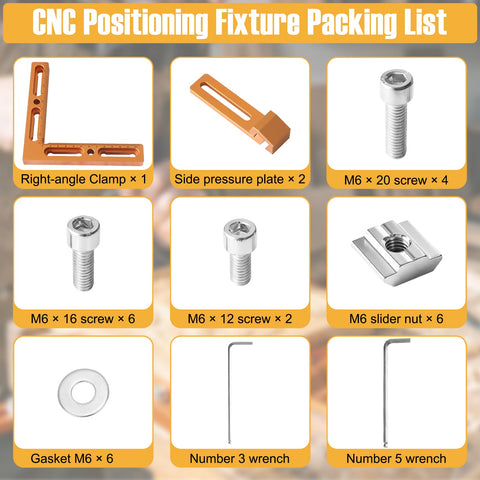 Components of Aluminum Alloy CNC Positioning Side Clamps Kit For 3018 And 4040 Router, shown with individual parts and labels.