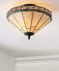 Cream And Black 16 Inch 2 Light Glass Or? And Metal Tiffany Style Mosaic Shade Semi Flush Mount Ceiling Light Fixture UL Listed