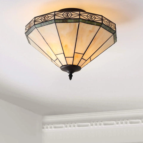 Cream And Black 16 Inch 2 Light Glass Or? And Metal Tiffany Style Mosaic Shade Semi Flush Mount Ceiling Light Fixture UL Listed