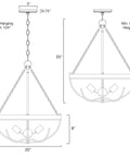 Diagram showing dimensions of Florence 25 Inch Four Light Modern Farmhouse Hemp Rope Chandelier in Smoked Birch Finish.