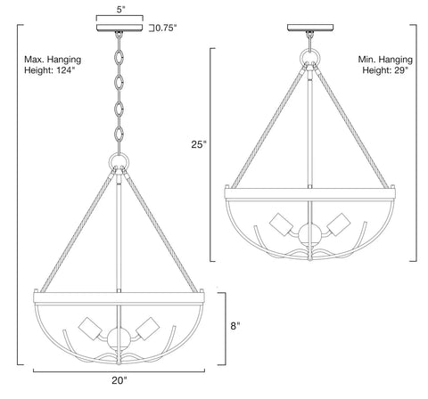 Diagram showing dimensions of Florence 25 Inch Four Light Modern Farmhouse Hemp Rope Chandelier in Smoked Birch Finish.
