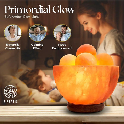 Cozy Himalayan Salt Lamp Bowl With Six Massage Balls, Dimmable Pink Rock Salt Light For Bedroom, warm amber glow, relaxing atmosphere
