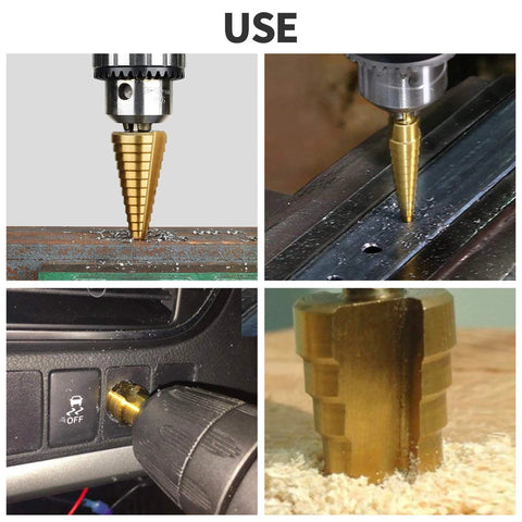 HSS stepped drill bit set, titanium-coated, 3-pack with 1/4 in hex shank for sheet metal
Side view of titanium-coated HSS stepped drill bit cutting into metal sheet
Installed in a handheld drill near a car dashboard, demonstrating use
Close-up of gold stepped drill bit with multiple steps and conical tip