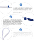 Dental implant irrigation tubing kit: vented spike with blue knob, blue flow regulator roller, reducer connector, white hose.