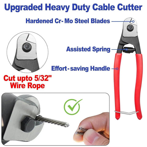 Heavy duty cable cutter for 5/32 inch wire rope with assisted spring and hardened steel blades, red handles