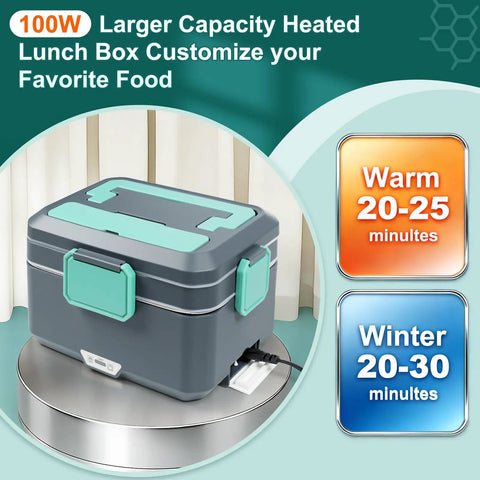 Electric Lunch Box For Adults, 100W 3.5L Two-Layer Heated Food Warmer With 304 Stainless Steel, shown in grey with time labels.
