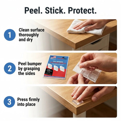 Step-by-step guide to applying Self Adhesive 1 Inch Square Rubber Bumpers Pack Of 20 For Cutting Boards, Glass Tables.