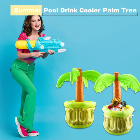 Three Pack 27 Inch Inflatable Palm Tree Coolers Giant Blow Up Drink Holders for pool party and beach decor with woman holding a toy gun.