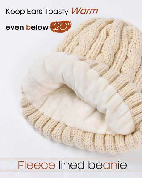 Cozy Winter Beanie Knit Hat For Women warm fleece lined with faux fur pom poms thick ski skull cap beige multicolor options