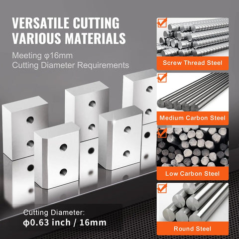Dude, check out these bad-ass VEVor Electric Rebar Cutter Replacement Blades displayed with various steel materials for cutting.