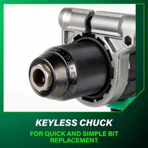 Close-up of keyless chuck on 36V Cordless Brushless Hammer Drill Kit With Half Inch Chuck, Beast Power For Tough Jobs.