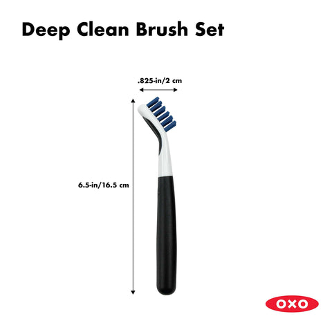 Blue Good Grips Deep Clean Brush Set with big grout brush, black handle, durable bristles, dimensions 6.5 in by .825 in