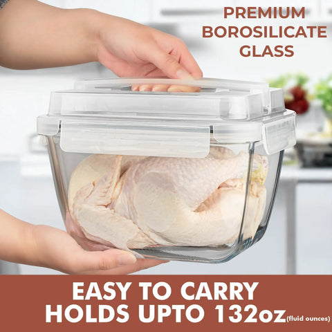 Person holding Gigantic 17 Cup Glass Food Storage With Lids Leakproof BPA Free Mega Meal Prep Container showing 132 oz capacity.
