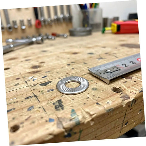 M6 Conical Spring Lock Washers In 304 Stainless Steel on a workbench, showcasing serrated edges for secure fastening.