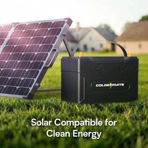 12V 100Ah LiFePO4 Battery With Bluetooth BMS IP67 Waterproof for RV Solar Marine Trolling Motor and Off Grid Setups next to solar panel