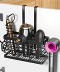 Three In One Hair Tool Organizer And Universal Hair Dryer Holder Upgraded 2026 black metal rack installed on cabinet door with styling tools