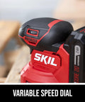 Cordless 20 Volt Brushless Random Orbital Sander Kit With 2 Amp Battery Charger Dust Bag And Sandpaper Packs showing variable speed dial.