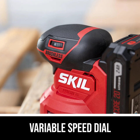 Cordless 20 Volt Brushless Random Orbital Sander Kit With 2 Amp Battery Charger Dust Bag And Sandpaper Packs showing variable speed dial.