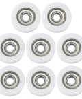 Eight Piece 608ZZ Double Shielded Nylon Ball Bearing Rollers Designed For Furniture Hardware Drawer Slides Offering Slick Glide track idler wheels, white nylon, 8mm I.D.