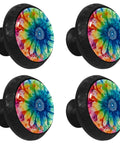 Multicolored four piece round cabinet knob set for kids drawer pulls and cupboard handles with screws displayed in a grid pattern