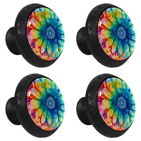 Multicolored four piece round cabinet knob set for kids drawer pulls and cupboard handles with screws displayed in a grid pattern