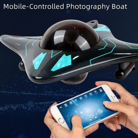 WiFi Enabled Remote Control Camera Boat With 6 Channel Waterproof System shown with smartphone control interface