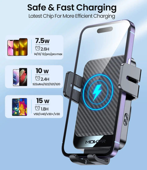 Auto Clamp Wireless Car Charger Mount, 15W Fast Charging, shown clamping a phone with charging power details.