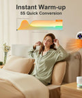 Woman relaxing in bed with Smart Plug In Wall Space Heater 450W Portable Electric Heater with LED display in bedroom