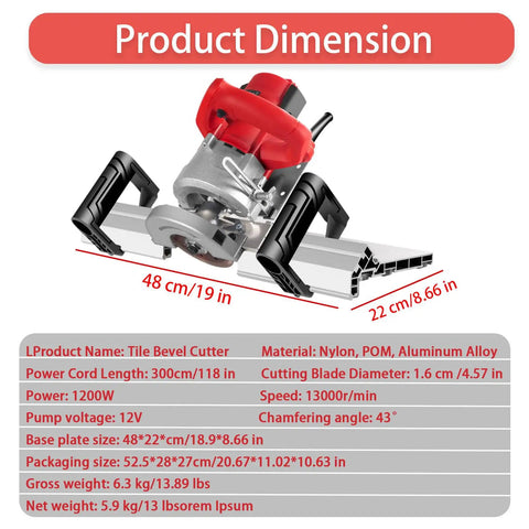 Heavy Duty Electric Tile Bevel Cutter With 43 Degree Chamfering Design 1200W Motor Spins 13000 Rpm For Ceramic And Porcelain Tile detailed dimensions and material specifications.