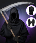 Premium Dope Black Full Face Mask and Stretchy Gloves Set for Halloween Cosplay Party Vibe Soft Polyester Trick Or Treat Badass Sinister Fit Gear Bundle, worn with a grim reaper costume.