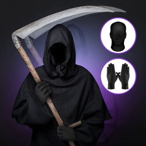 Premium Dope Black Full Face Mask and Stretchy Gloves Set for Halloween Cosplay Party Vibe Soft Polyester Trick Or Treat Badass Sinister Fit Gear Bundle, worn with a grim reaper costume.