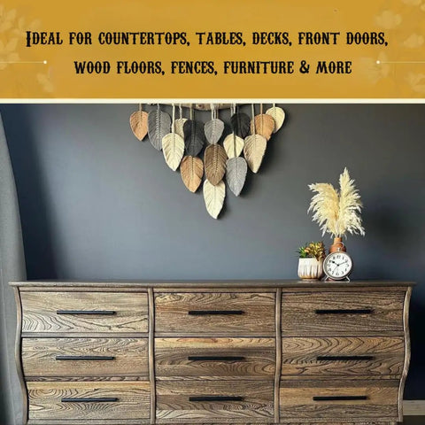 Premium Non Toxic Oil Based Wood Stain Pigment Kit With Hella Fade Resistant Black Color For Smooth Handy Projects And Top Shelf Furniture Refinishing That Delivers A Knockout Finish On Any Surface displayed on a wooden dresser.