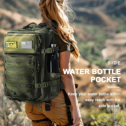 Side view of a green tactical backpack with MOLLE webbing, water bottle pocket, carried by a person outdoors.