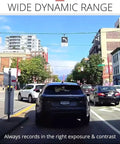 2K QHD Front And Rear Dash Cam showing clear day traffic view with WDR functionality for optimal exposure and contrast