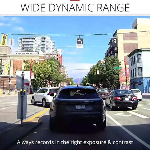 2K QHD Front And Rear Dash Cam showing clear day traffic view with WDR functionality for optimal exposure and contrast