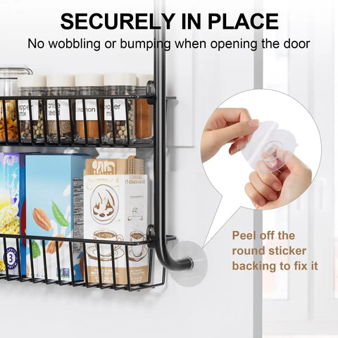 Image of Six Tier Over The Door Pantry Organizer Rock Solid Metal with spice jars and boxes securely mounted.