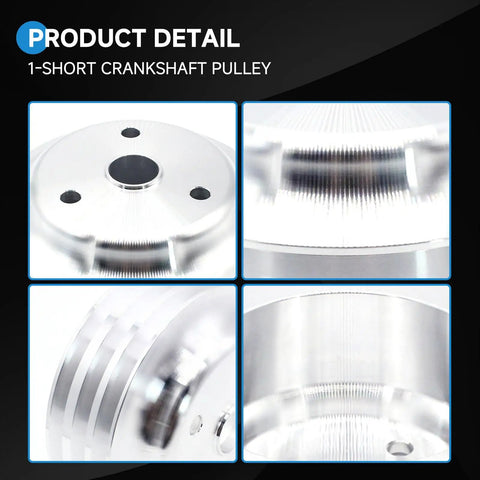 Upgrade Your SB Chevy Small Block With This Badass Long Water Pump And 3 Groove Crankshaft Pulley Kit Perfect For 265 283 305 327 350 383 And 400 Engines Durable Aluminum Build Gets You Ready To Run All Summer. 1-short aluminum crankshaft pulley close-up