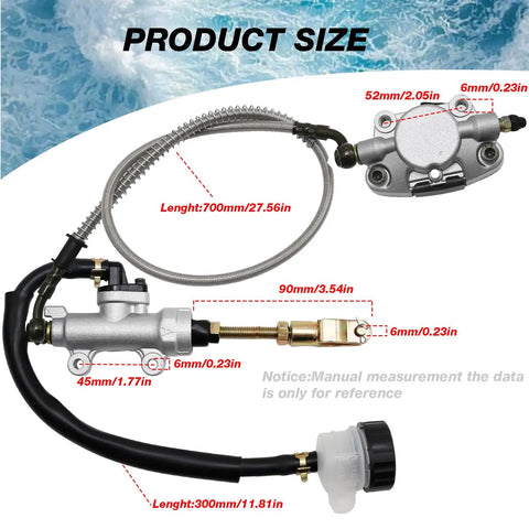 Rear Foot Hydraulic Disc Brake Master Cylinder Caliper Assembly for Chinese ATVs and Dune Buggies, product dimensions visible