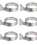 Six Pack 1-1/4 Inch Stainless Steel Hose Clamps With Adjustable Thumb Screws For Pool Filter Pump Hoses And PVC Tubing, displayed.