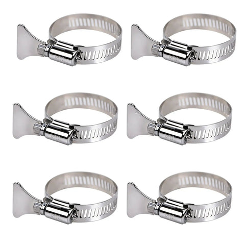 Six Pack 1-1/4 Inch Stainless Steel Hose Clamps With Adjustable Thumb Screws For Pool Filter Pump Hoses And PVC Tubing, displayed.