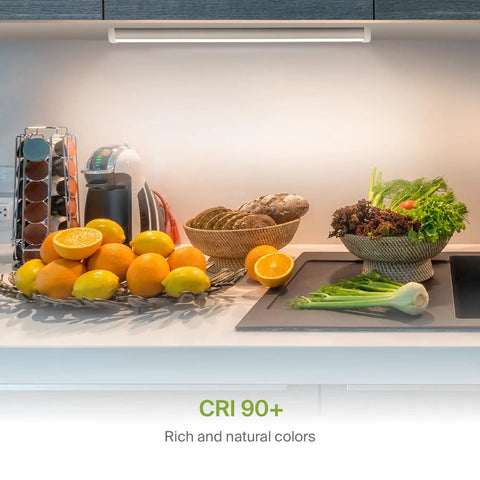 Swivel LED Under Cabinet Lighting Kit 24 Inch Plug In Or Hardwired Dimmable With 3CCT illuminating a kitchen countertop