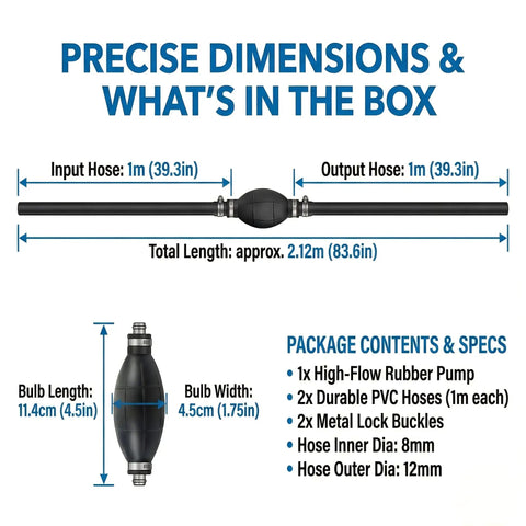 Diagram showing dimensions of Boat Fuel Line With Bulb Primer Pump For Outboard Motors, featuring high-flow rubber pump and hoses.
