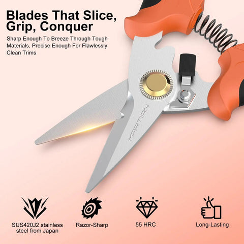 7 Inch Heavy Duty Gravity Shears With Micro Serrated Japanese SUS420J2 Blades, Ergonomic Ambidextrous Grip in orange